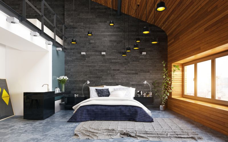 Mẫu phong cách industrial sử dụng nội thất đen trong thiết kế nội thất phòng ngủ