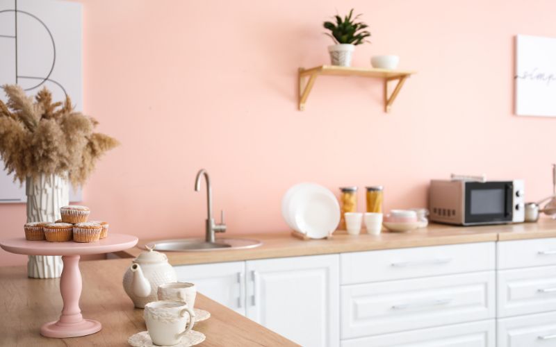 Phối màu phòng ngủ gam màu hồng trắng cho phòng bếp