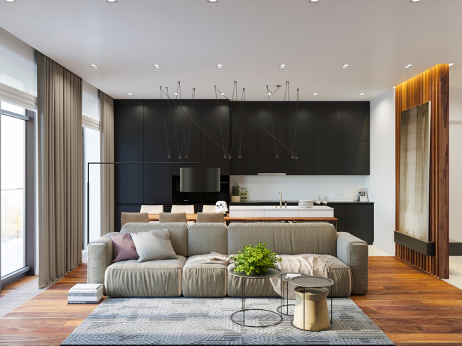 Chọn kích thước nội thất phù hợp cho phòng khách và bếp liên thông với nhau