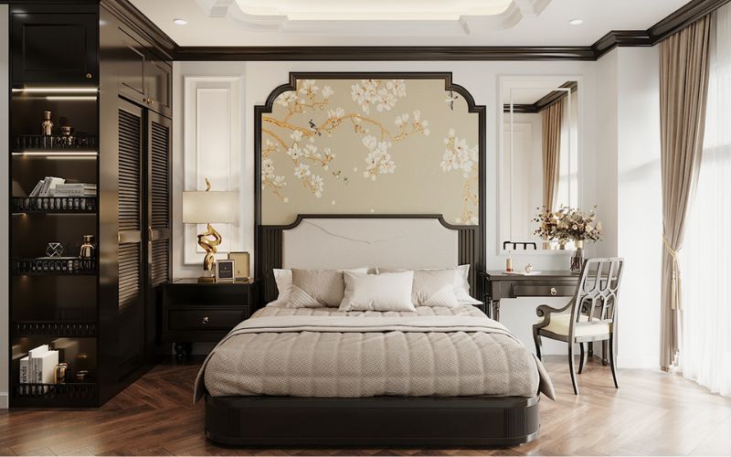 Mẫu phòng ngủ phong cách Indochine nổi bật với họa tiết đầu giường